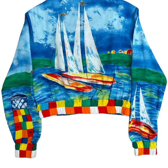 Breeze by Dorothy Schoelen colorful nautical all over print zip up crop jacket S - Picture 3 of 6
